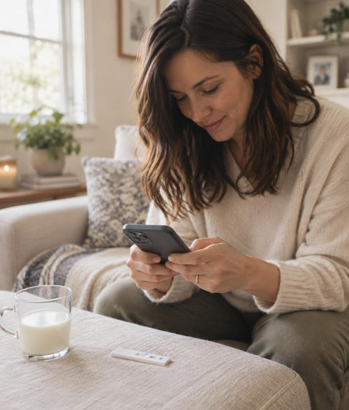 A mom at home checking her MamaLabs results on her phone