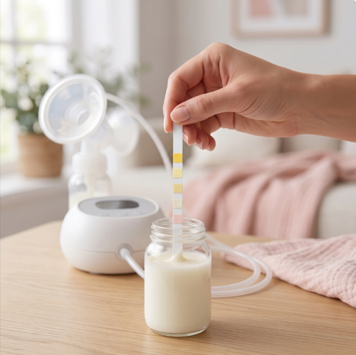 Dipping a MamaLabs test strip into a small jar of breast milk